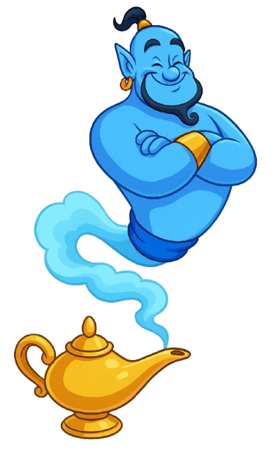 Fröhlicher Dschinn als magischer Helfer beim Englischlernen