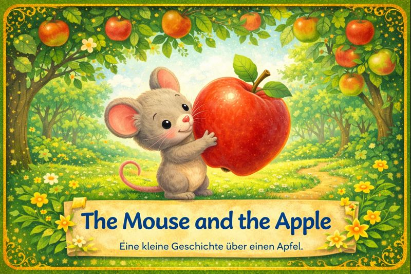 Kleine englische Bildergeschichte mit einer Maus und einem Apfel